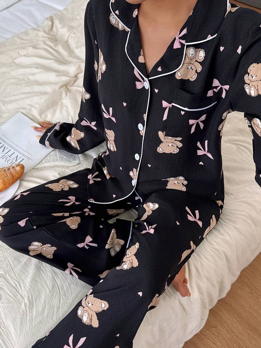 Dream Adore Bubble Wrinkle Bear Bow Print Lapel Long Sleeve Pajama Set - Black - View 1