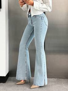 EURMUSE V-Shape Low Waist Slim Stretch Flare Jean Flare Jeans Low Rise Jeans Bootcut Jeans Wide Leg Jeans Split Hem Jeans - Light Wash - View 6
