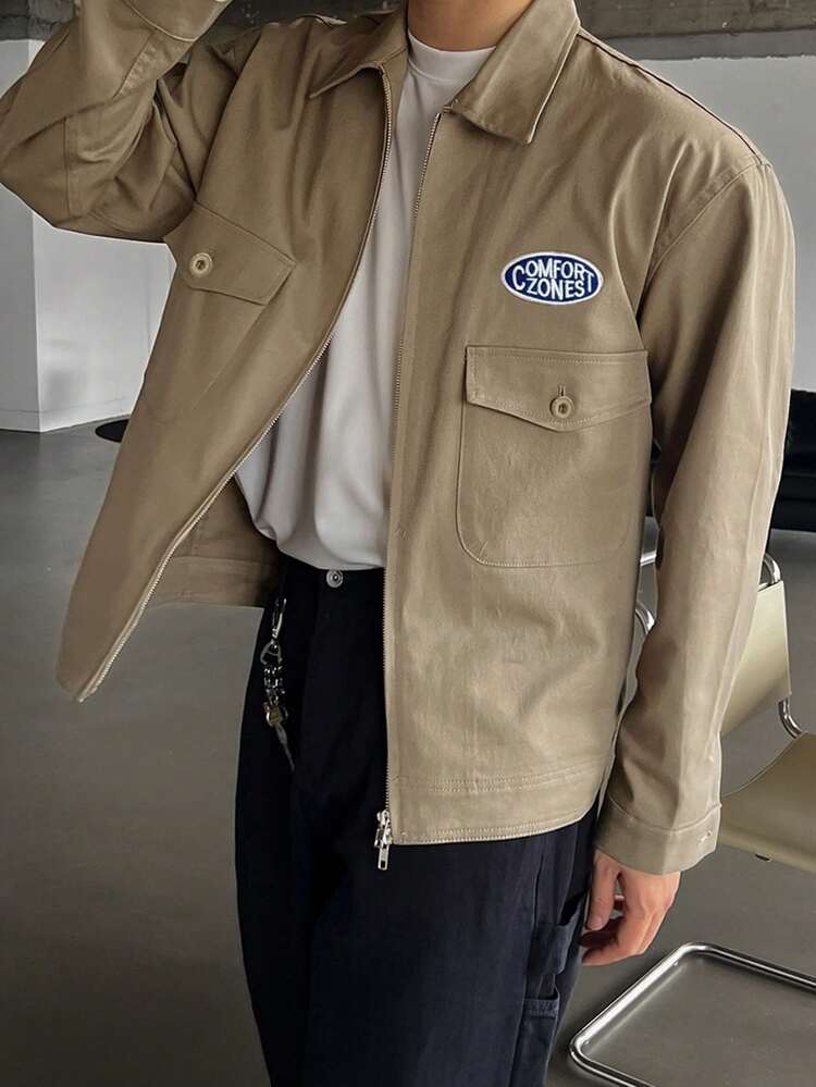 Khaki Letter Embroidery Men's Jacket And Coat, Autumn