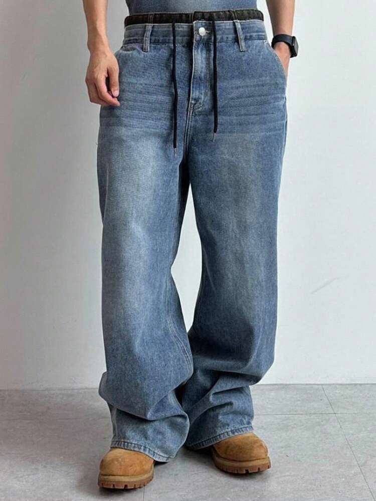 Men's Autumn Patchwork Black Waistband & Distressed Blue Straight Leg Jeans, Streetwear Style