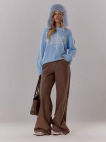 MUSERA Knit Oversized Relaxed '' Knit Crewneck Jumper Old Money Cute Country Cottage Core Back To School Butterscotch Work - Baby Blue - View 3