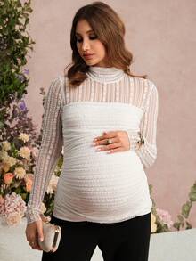 SHEIN Camiseta elegante de maternidad con cuello alto, encaje y volantes ajustada - Blanco - Ver 6