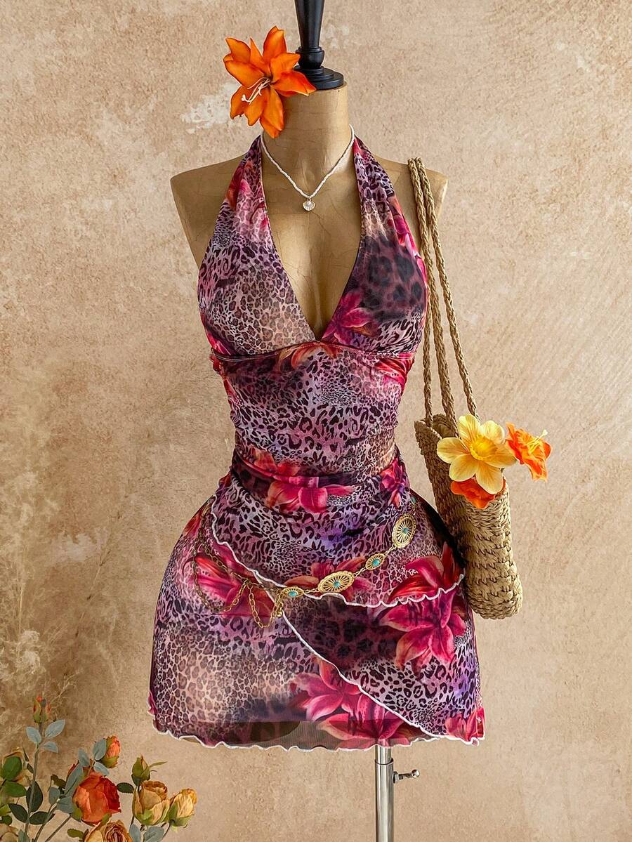 Soleia Vestido mini con estampado de leopardo y flores, con escote halter y espalda descubierta, para vacaciones - Multicolor - Ver 1