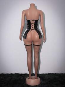 SHEIN 三件套：PU皮革交叉露背抹胸迷你连衣裙和过膝袜，性感内衣 - 黑色 - 查看 2