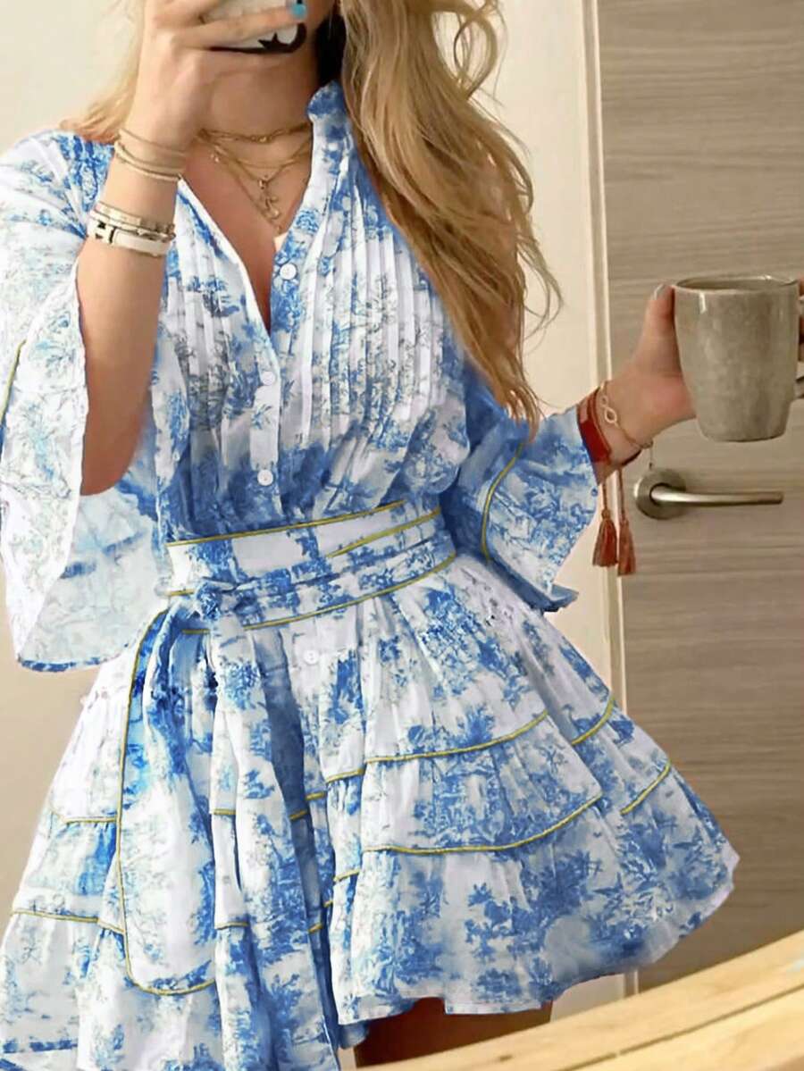 INAWLY 女士时尚休闲优雅浪漫度假印花纽扣连衣裙 - 藍色 - 查看 1