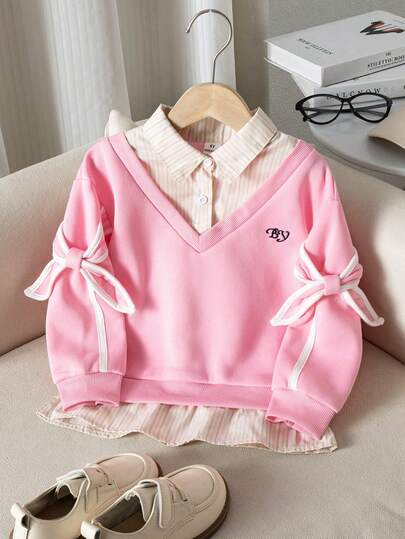 Young Girl Letter Embroidery Striped Patchwork Shirt Collar Casual Sweatshirt Girl Clothes Autumn And Winter Bow Sweater Kids Preppy Clothes For Girls