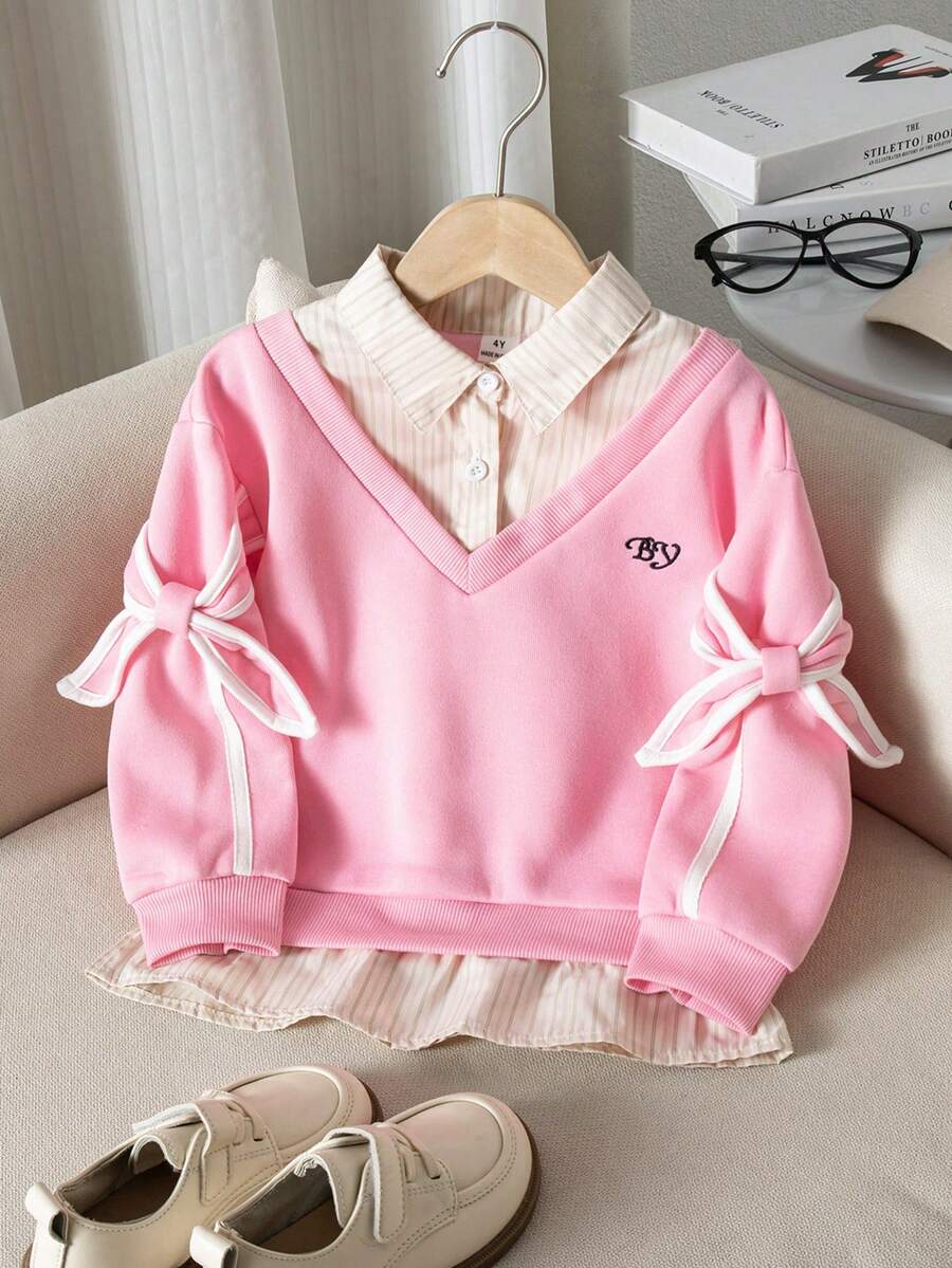 SHEIN 女童字母刺绣条纹拼接衬衫领休闲卫衣 - 粉色 - 查看 1