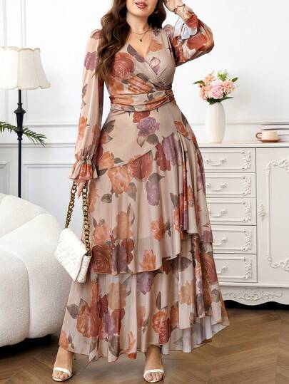 Reflora Nuevo vestido largo de mujer de talla grande con estampado floral, volantes en el bajo, cintura ceñida y alta elasticidad, vestido de otoño, vestido con volantes, vestido floral