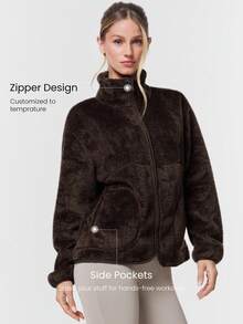 GLOWMODE Áo khoác nỉ mềm mại, ấm áp, chống gió, cổ áo cong, vạt áo thiết kế dài đến hông, có khóa kéo và túi bên hông, thích hợp mặc hàng ngày vào mùa thu đông. - Màu nâu Sô-cô-la - Xem 4