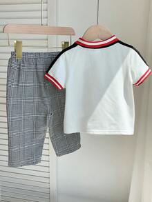Set de 2 piezas de camisa polo de manga corta casual y pantalones a cuadros de cintura elástica para niño pequeño, adecuado para fiesta de cumpleaños, fiesta de noche, actuación, boda, baby shower, celebración del 1er cumpleaños - Multicolor - Ver 5
