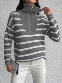 SHEIN Cottnline Half-Zip Striped Sweater - Grey - View 3