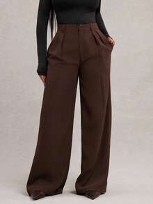 Radiana Plus Size Women's Minimalist Fashion Dark Coffee Plus Size Wide Leg Pants, Commuter Trousers Brown Wide Leg Pants For Women High Waisted Wide Leg Pants Brown Suit Pants In Fall/Winter,Spring To Summer, - Coffee Brown - View 4