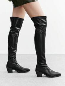 CUCCOO BIZCHIC 女士尖头时尚百搭粗跟过膝长靴 - 黑色 - 查看 4