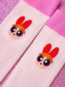 THE POWERPUFF GIRLS X SHEIN 1 Pair Women Cartoon & Letter Graphic Blue Calf Socks - Multicolor - View 3
