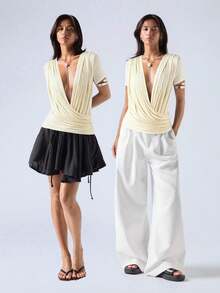 LYSMO قميص نسائي بياقة عميقة على شكل حرف V لون المشمش - لون مشمشي - مشاهدة 3