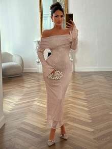 DAZY 优雅亮片装饰露肩喇叭袖荷叶边下摆拼接香槟/金色鸡尾酒礼服，适合新年、圣诞节、婚礼、派对、时尚活动等场合，闪亮礼服 - 香檳色 - 查看 10