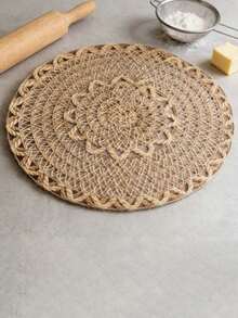 12pcs American Country Style Linen Woven Placemat, Round Plate Mat, Table Decoration Shop, Family Gathering Table Decoration - Khaki - View 4
