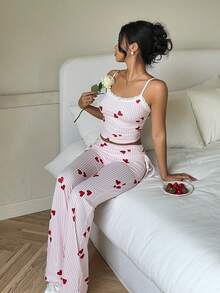 CovetEZ 2件套 女士条纹爱心印花吊带背心和喇叭裤 - 紅白色 - 查看 6