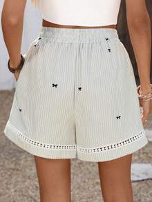 SHEIN LUNE Women's Striped Bow Print Faux Drawstring Pocket Ruffle Trim Casual Shorts, Spring/Summer - Khaki - View 2