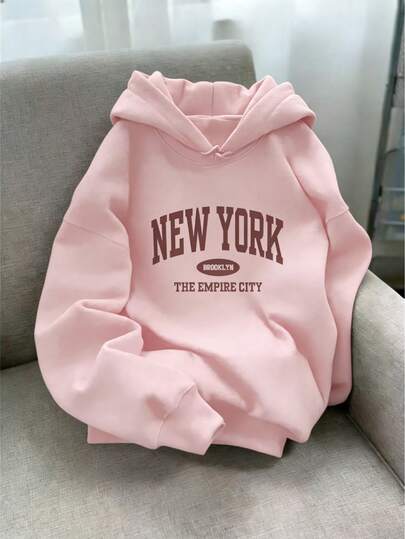 Sudadera con capucha gruesa para mujer,blusa para mujer,sudadera de moda con impresión de letras "Ciudad Imperio de Nueva York",abrigo casual para mujer