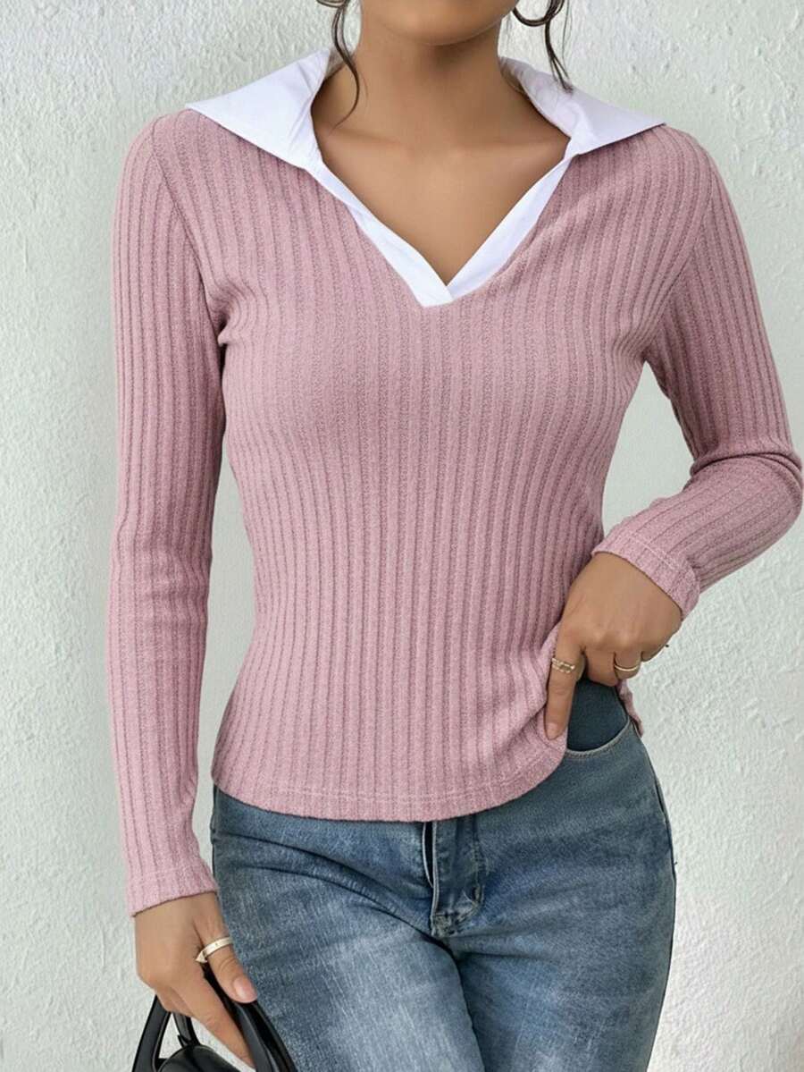 Blusa mujer manga larga acanalada cuello tipo camisa escote en V diseño elegante ajustado textura suave ideal oficina casual outfits modernos - Rosa - Ver 1