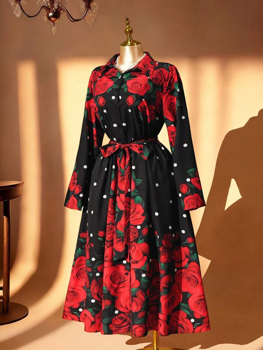DreamSkyne 大码女士优雅玫瑰印花修身长裙，别致法式衬衫裙，适合春夏、返校、毕业典礼、假期、情人节、音乐节、母亲节、万圣节、感恩节、复活节、国庆节、舞会、约会、派对、婚礼、户外活动等场合。 - 彩色 - 查看 1