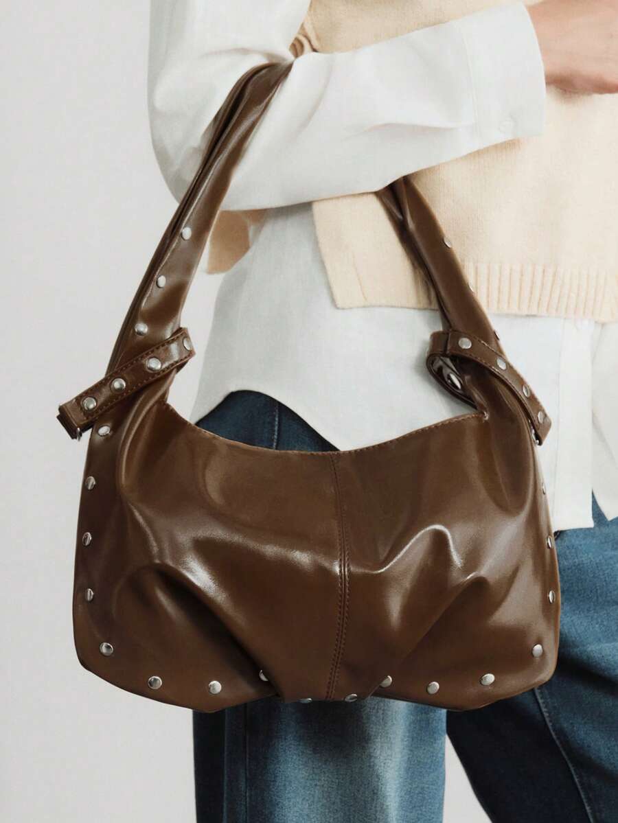 女士纯色简约大容量单肩包，休闲日常使用 - 咖啡 - 查看 1