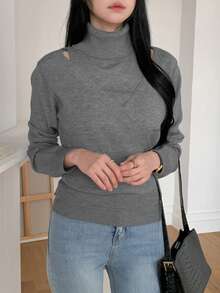 DAZY Sweater Turtleneck Polos Kasual Wanita dengan Lubang di Bagian Bawah, Musim Gugur/Dingin - Grey - View 2