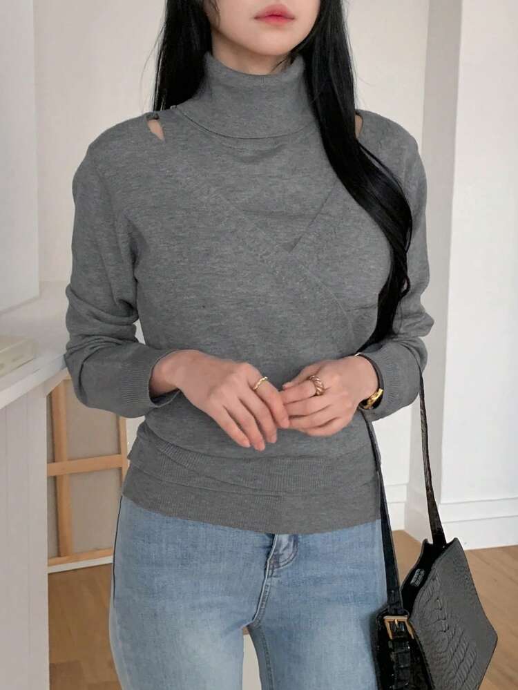 Women's Casual Solid Color Hollow Out Turtleneck Sweater, Autumn/Winter