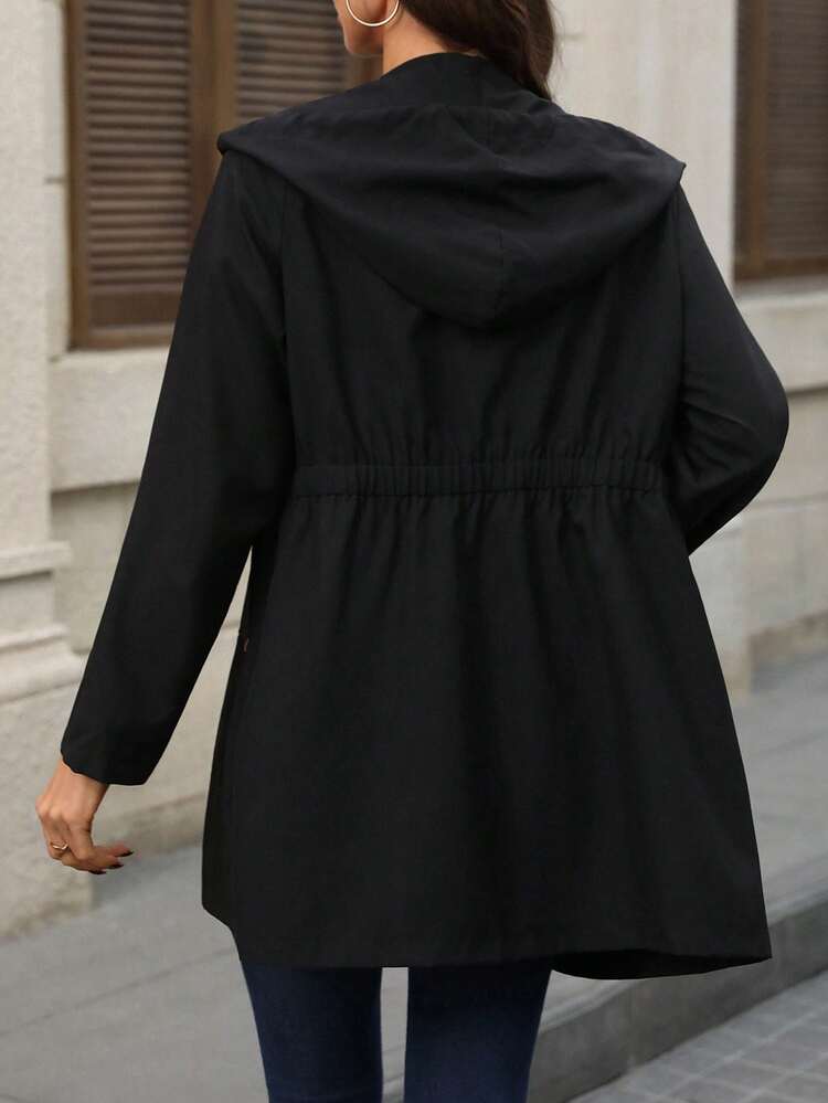 Women's Solid Color Long Sleeve Zip-Up Hooded Trench Coat, Autumn Winter Clothes For Women Women's Winter Jacket Black Jacket Women Dress Jacket Dresses For Women Long Sleeve Black Casual Dress Blazer Dress For Women Rain Jacket For Women Outerwear Women Cover Up Jacket Shackets For Women