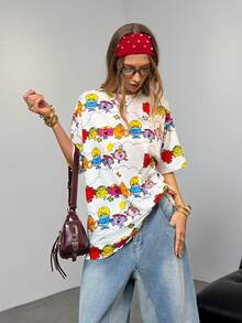 Mr Men Little Miss X SHEIN Women's Casual Cute Cartoon Pattern Round Neck Short Sleeve T-Shirt, Summer - Multicolor - View 5