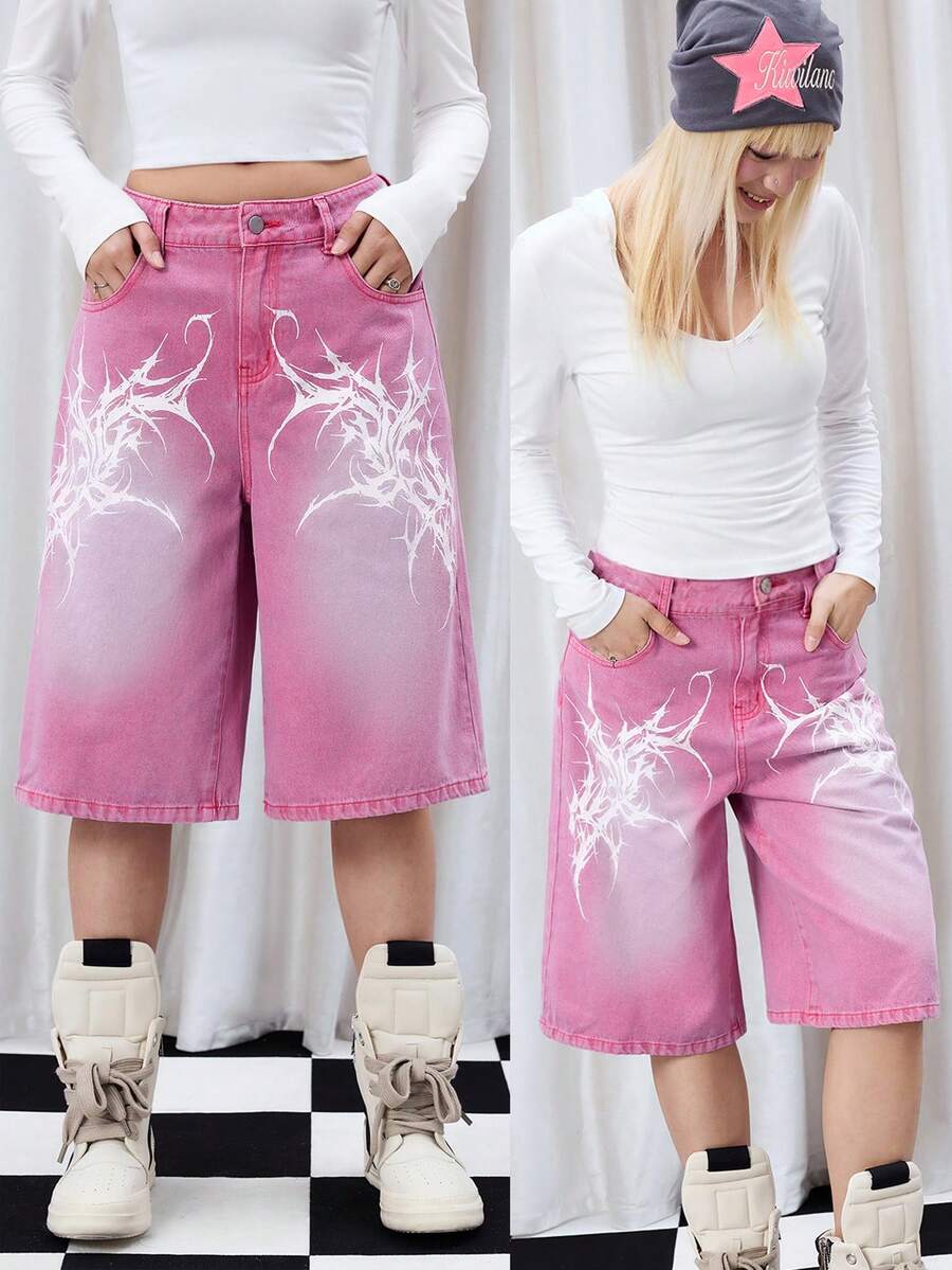 Damskie różowe dżinsowe szorty w stylu vintage, streetwear z lat 2000, odpowiednie na jesień i zimę, gotyckie szorty, graficzne szorty, szorty koncertowe, szorty emo, różowe szorty jeansowe, różowe szorty casualowe, szerokie szorty damskie, długie szorty, dżinsowe szorty damskie Y2k, kowbojskie szorty dla kobiet, wiosenne szorty dla kobiet, urodzinowe szorty dla kobiet, karnawałowe - Różowy - Zobacz 1