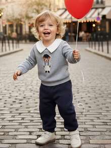 Souflis Souflis 2pcs/Set Young BoyRetro 2025 Autumn/Winter Thickened Light Gray Sweatshirt & Navy Casual Sweatpants Suit - Multicolor - View 2