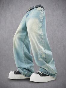 Manfinity Denimwave 男士休闲印花做旧直筒牛仔裤 - 淺色水洗藍 - 查看 3