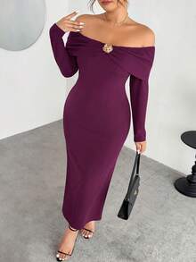 Firerie Abito aderente da donna con spalle scoperte, decorazione e maniche a campana, elegante e sofisticato, in stile romantico, taglie comode - Bordò - Visualizzare 6