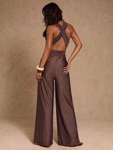 SHEIN Glamour Women's Fashionable Sexy Backless Halter Jumpsuit Brown Romper Women Palazzo Jumpsuit Deep V-Neck Wrap Belt Sleeveless Jumpsuit - Brown - View 2