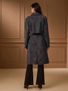 Lilora 女士复古高端极简羊毛混纺风衣，收腰中长款羊毛大衣，冬季必备 - 黑色 - 查看 2