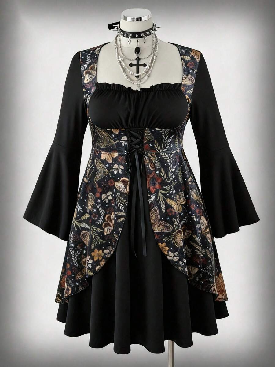Flirla Vestido de talla grande con estampado floral de bloques de color y mangas acampanadas - Multicolor - Ver 1
