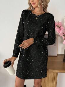 SHEIN LUNE Women's Casual Minimalist Short Dress, Women's Party Dress, Suitable For Black Dress,Sequin Dresses For Women Carnival Black Dress Long Sleeve - Multicolor - View 5