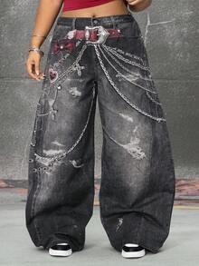 ROMWE EDITION Plus Size Women Loose Fit Chain Print Pocket Wide Leg Casual Jeans - Black - View 3