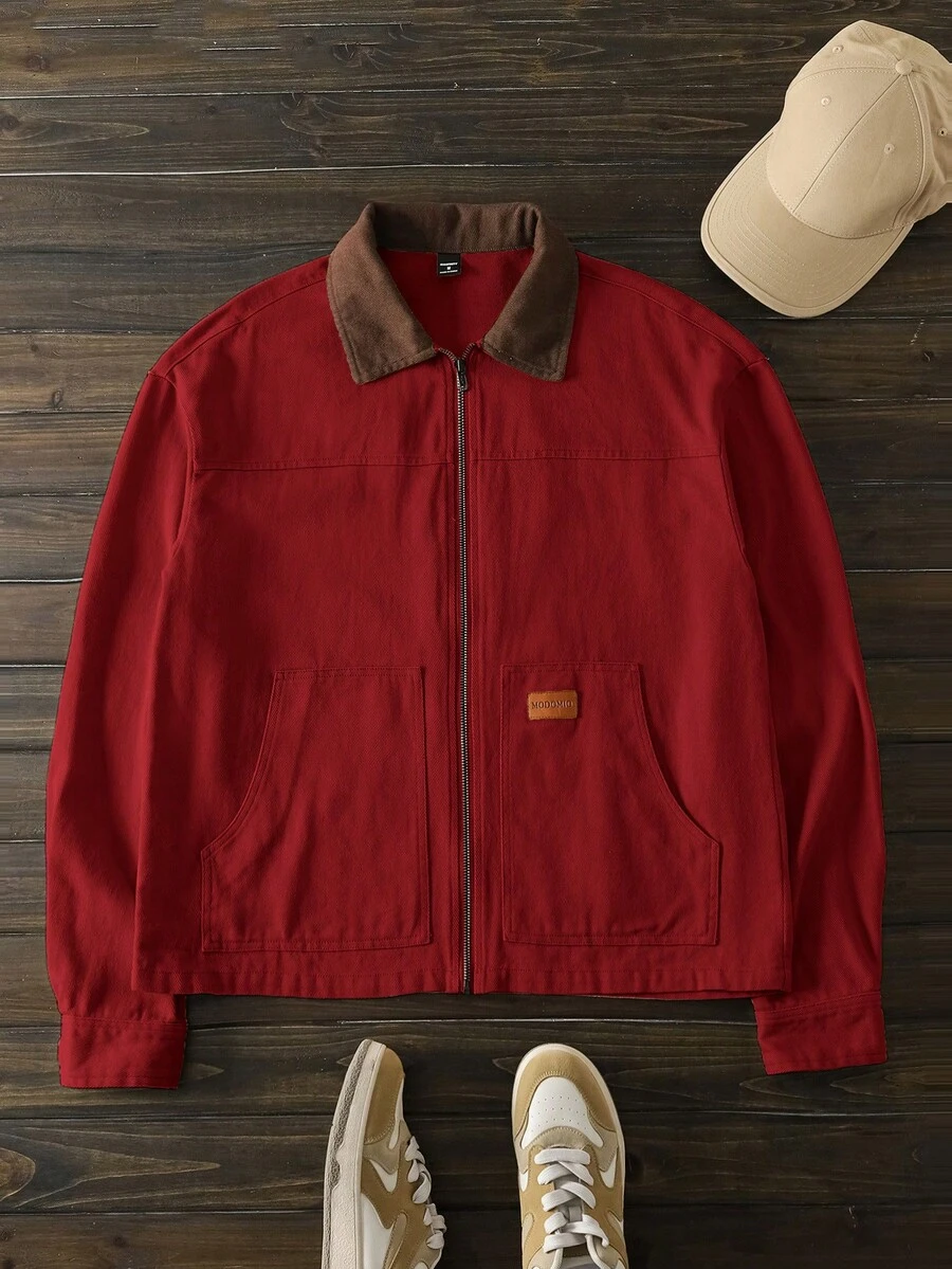 HIMLAND 男士梭织修身撞色拼接长袖休闲衬衫外套，适合秋冬季穿着 - 酒紅色 - 查看 1