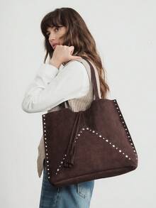 SHECARRY Ladies Large Capacity Suede Rivet Trim Shoulder Tote Bag - coffee color - View 6