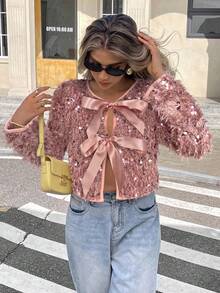 Serisse Fashionable Commuter Jacket With Sequins Decor And Drawstring Hem Casual Spring Pink - Dusty Pink - View 6