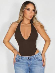 Sirith Bộ đồ liền thân hở lưng cổ yếm liền mạch, màu trơn - Màu nâu  Mocha - Xem 5