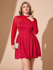 Hourglow Plus Size Women's Solid Color Round Neck Long Sleeve Mesh Fashion Dress/Autumn /Winter - Red - View 1