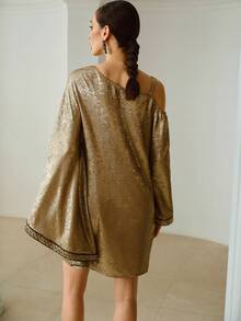ZEYLAH Women's Elegant Shoulder Strap Sequin Patchwork Knit Dress, Autumn - Khaki - View 3