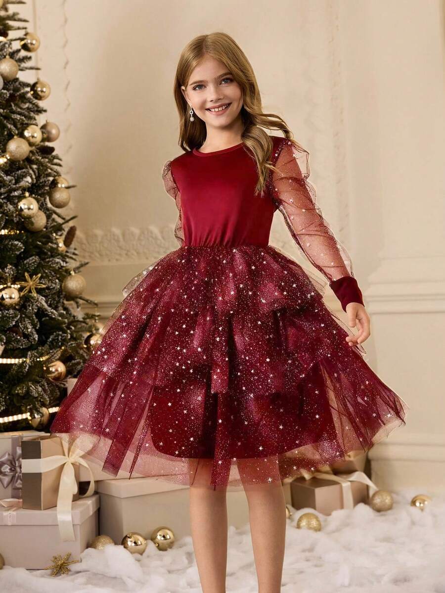 Vestido elegante negro de cuello redondo con malla de lentejuelas para niñas, adecuado para banquetes, fiestas, vacaciones, bodas, niña de las flores, bailes de graduación, Navidad, Halloween, graduación, regreso a la escuela y otras ocasiones - Burdeos - Ver 1