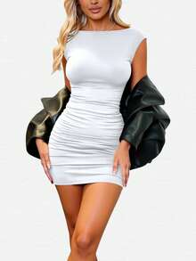 INAWLY Ladies Solid Color Simple Pleated Design Dress - White - View 5