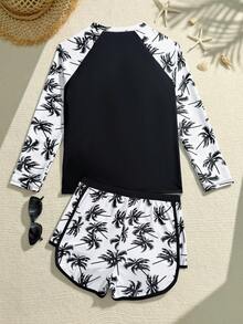 SHEIN 花卉拼接吊带泳衣套装，长袖泳装沙滩罩衫，夏季度假防晒服，适合圣诞节、新年、情人节等节日穿着，少女款长袖泳装 - 黑與白 - 查看 3