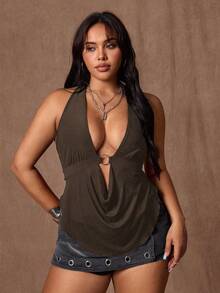 Rustia Plus Size Women's Sexy Backless Spaghetti Strap Camisole - Brown - View 5